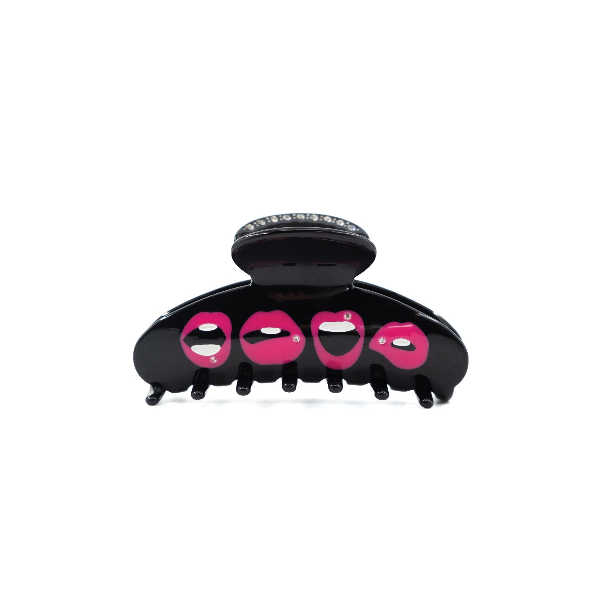Eco-friendly acetate claw clip with bright pink lip detailing on a black base