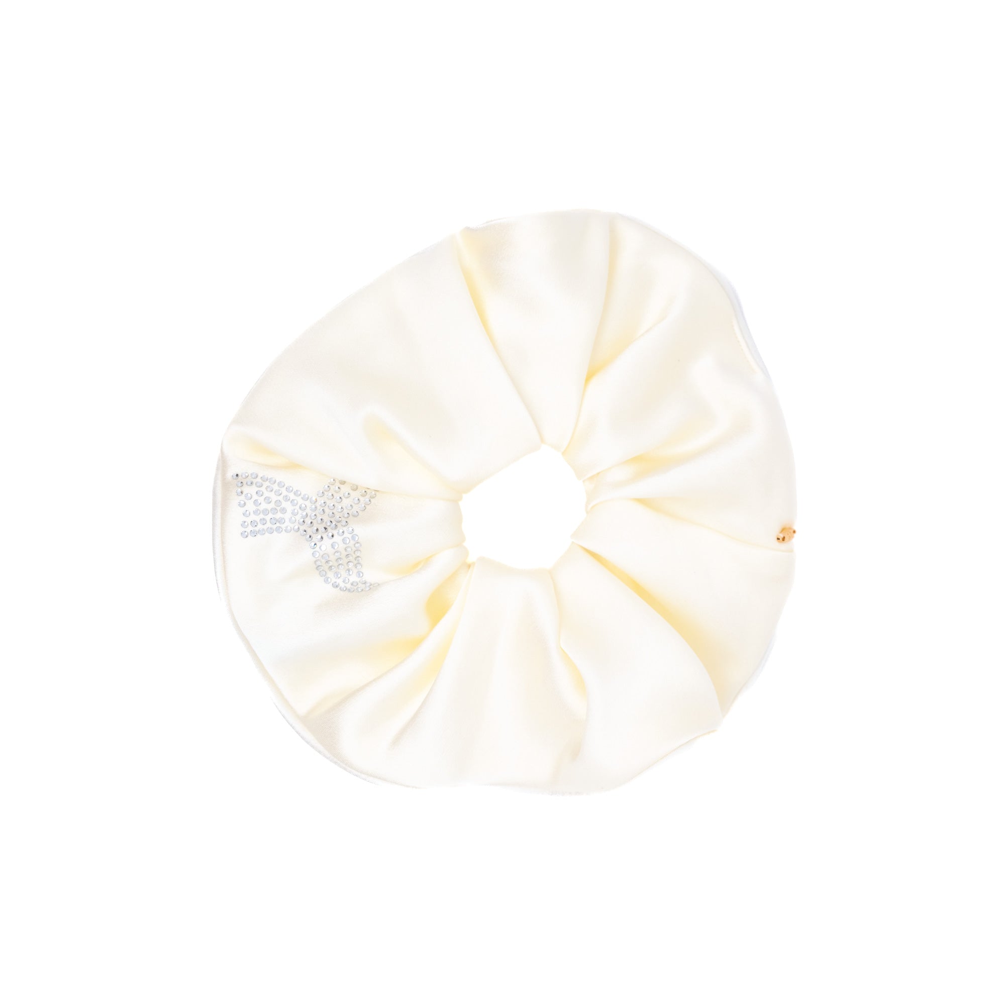 Cream satin scrunchie with rhinestone whale tail detail