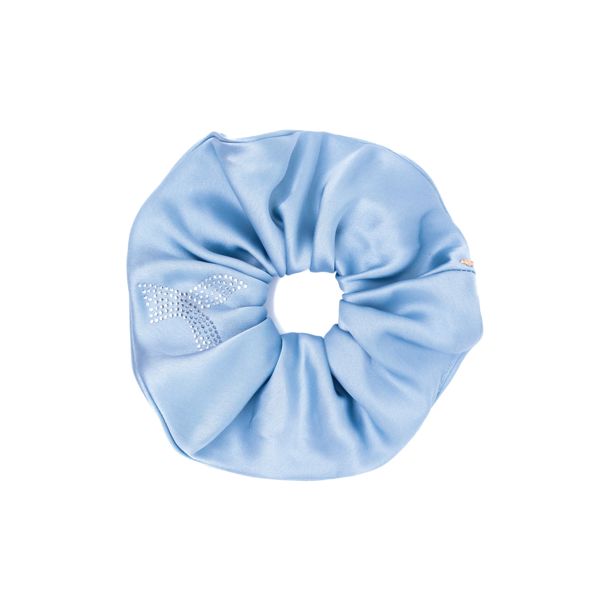 light blue satin scrunchie with rhinestone whale tail detail