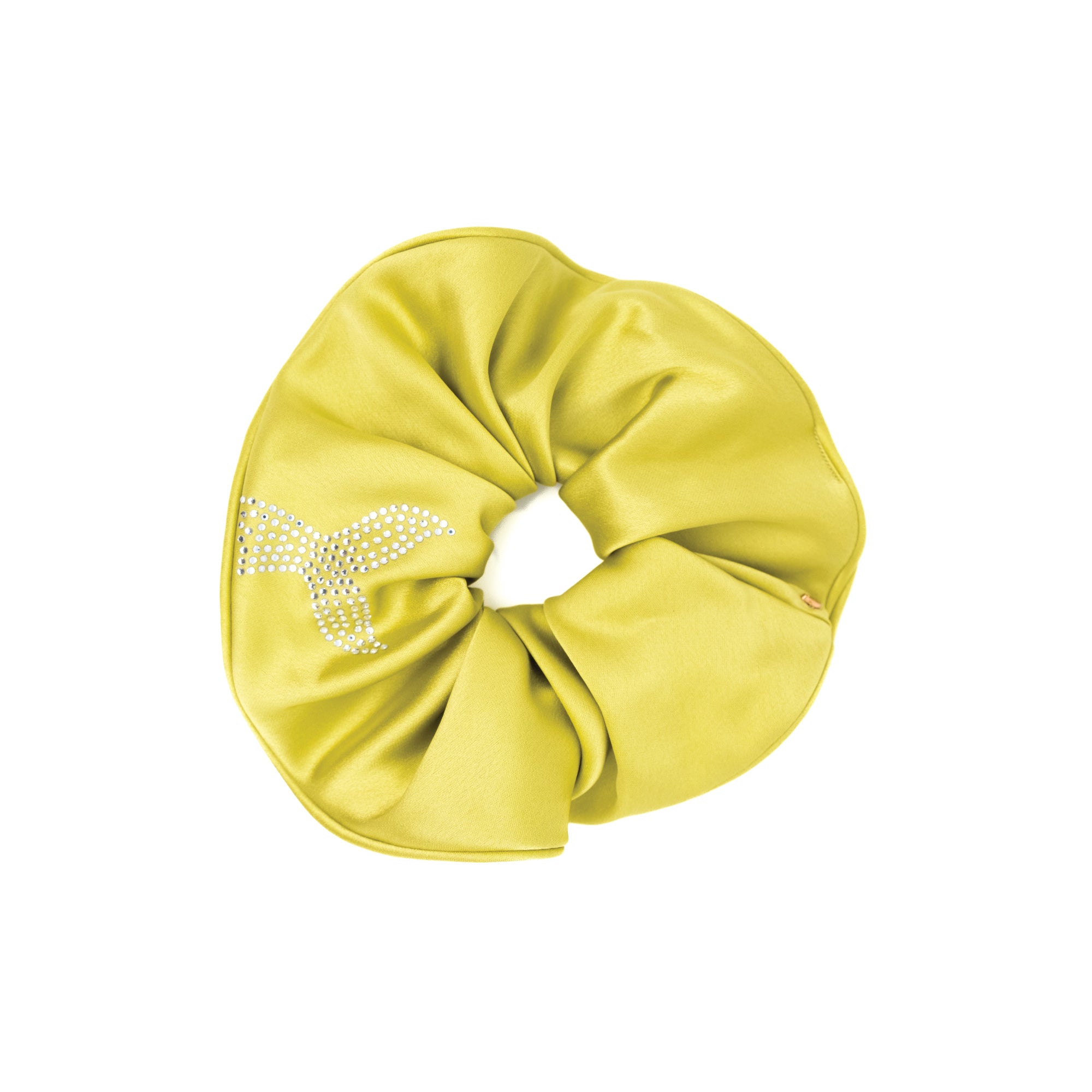 Green satin scrunchie with rhinestone whale tail detail