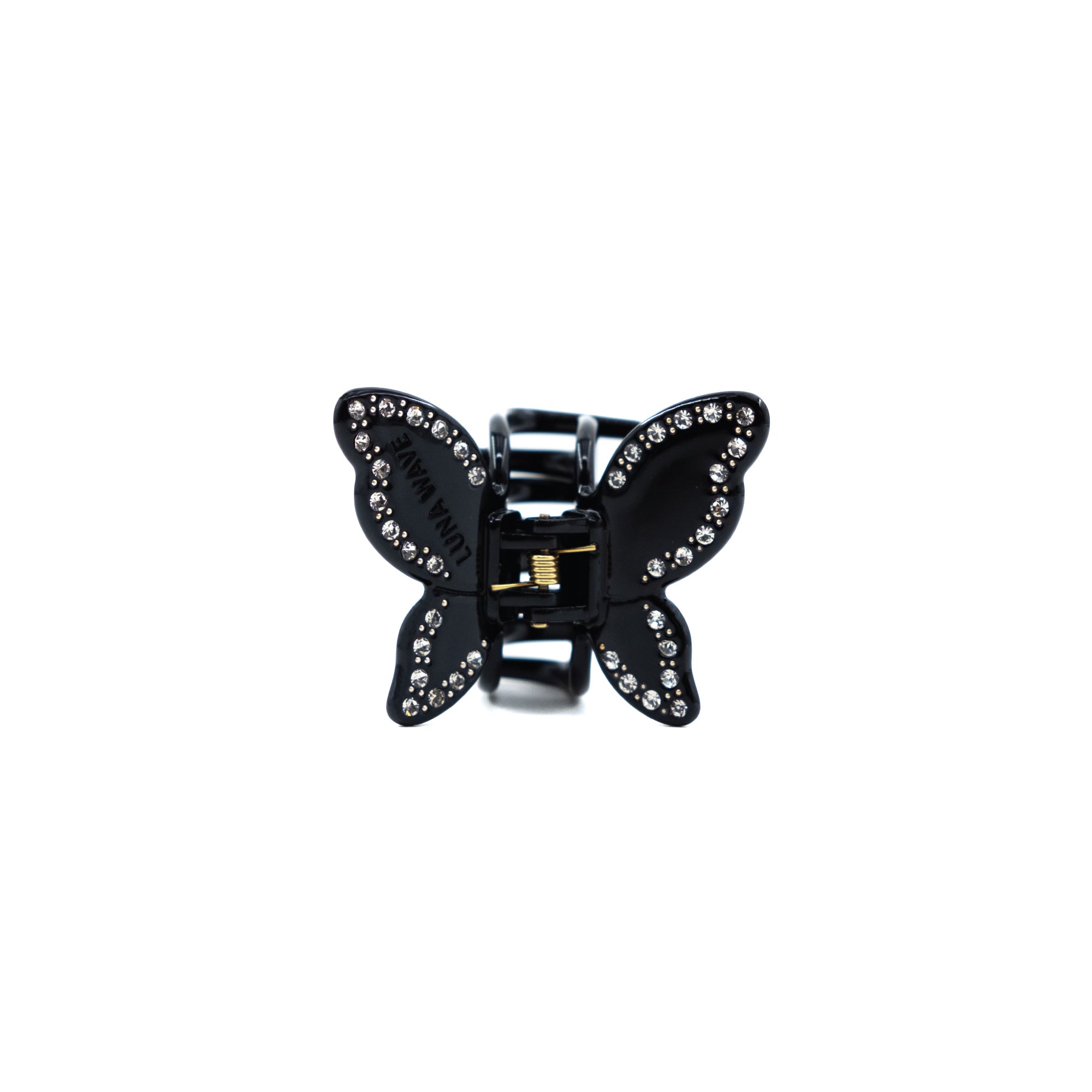 Medium-sized black acetate butterfly-shaped claw clip with rhinestone details