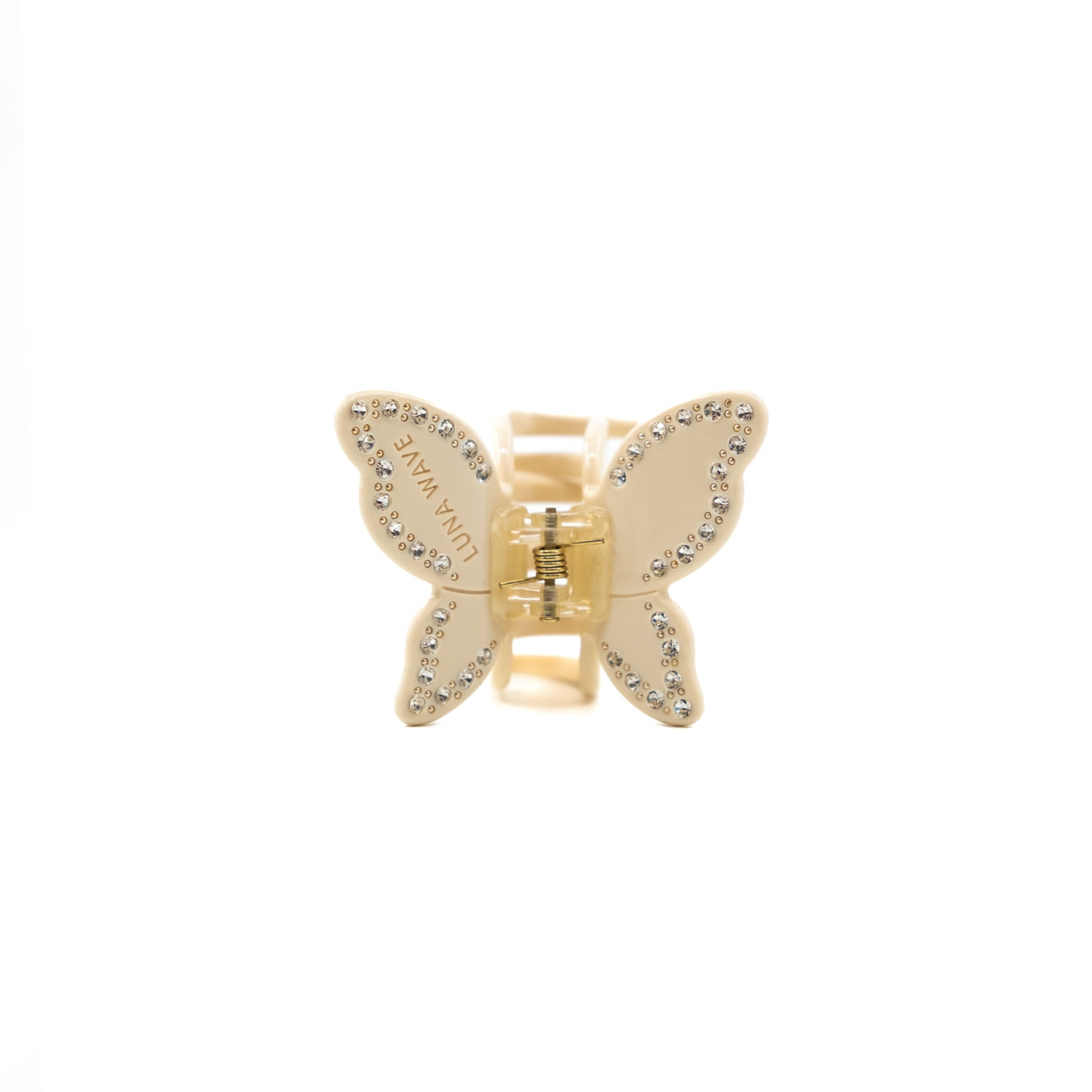 Medium-sized butterfly white acetate claw clip with rhinestone details