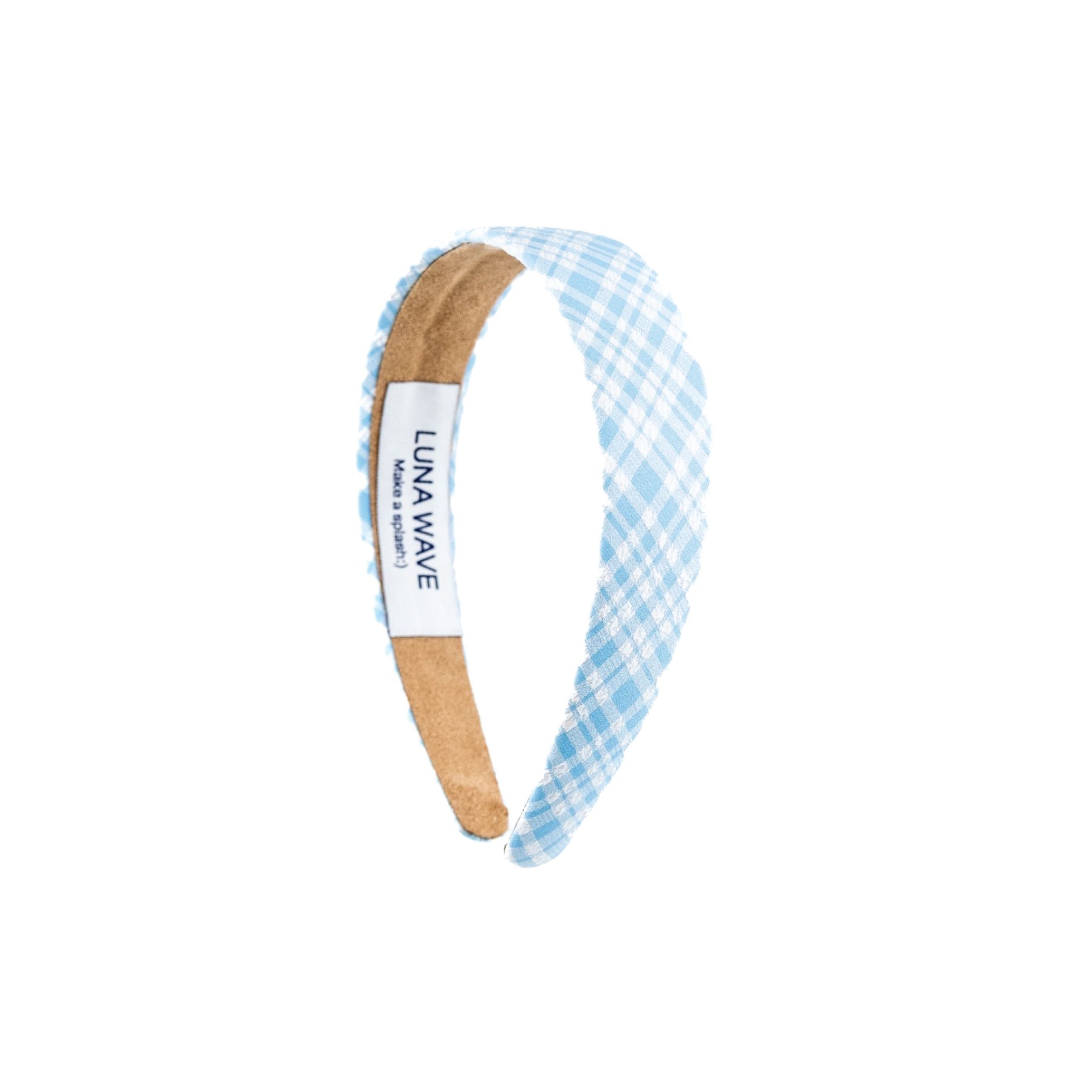Sky Gingham Headband by Luna Wave in light blue gingham fabric with a structured silhouette.