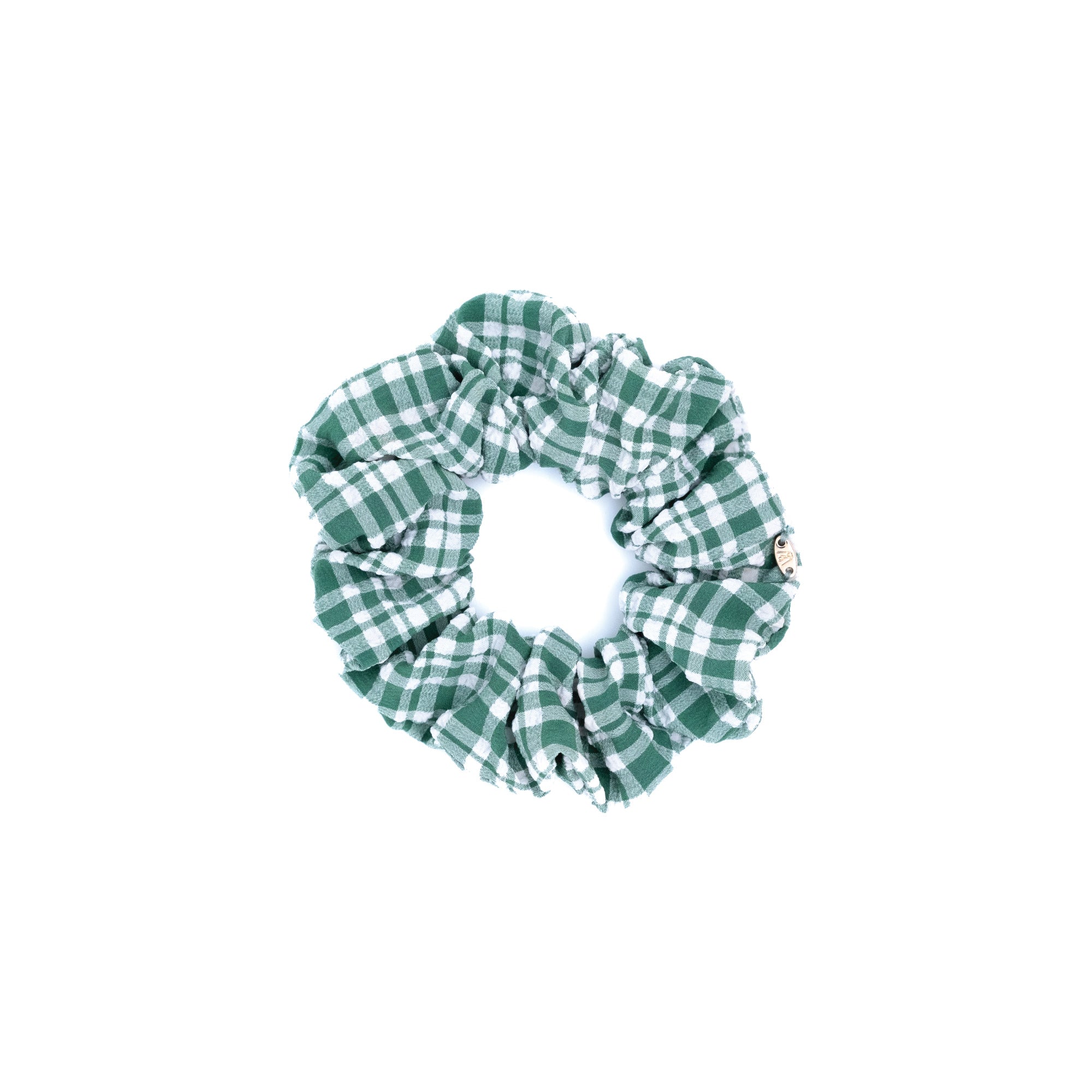 Meadow Gingham Scrunchie by Luna Wave in pale green gingham cotton fabric.