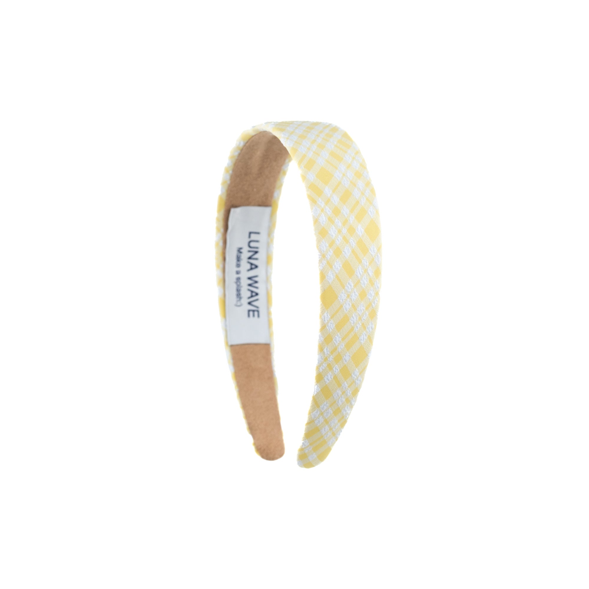 Lemon Gingham Headband by Luna Wave in yellow gingham fabric with a structured silhouette.