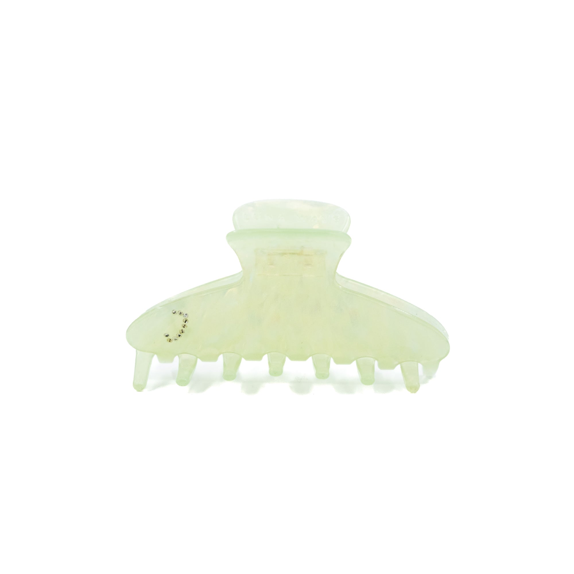 Eco-friendly acetate claw clip in green tones with crystal letter J