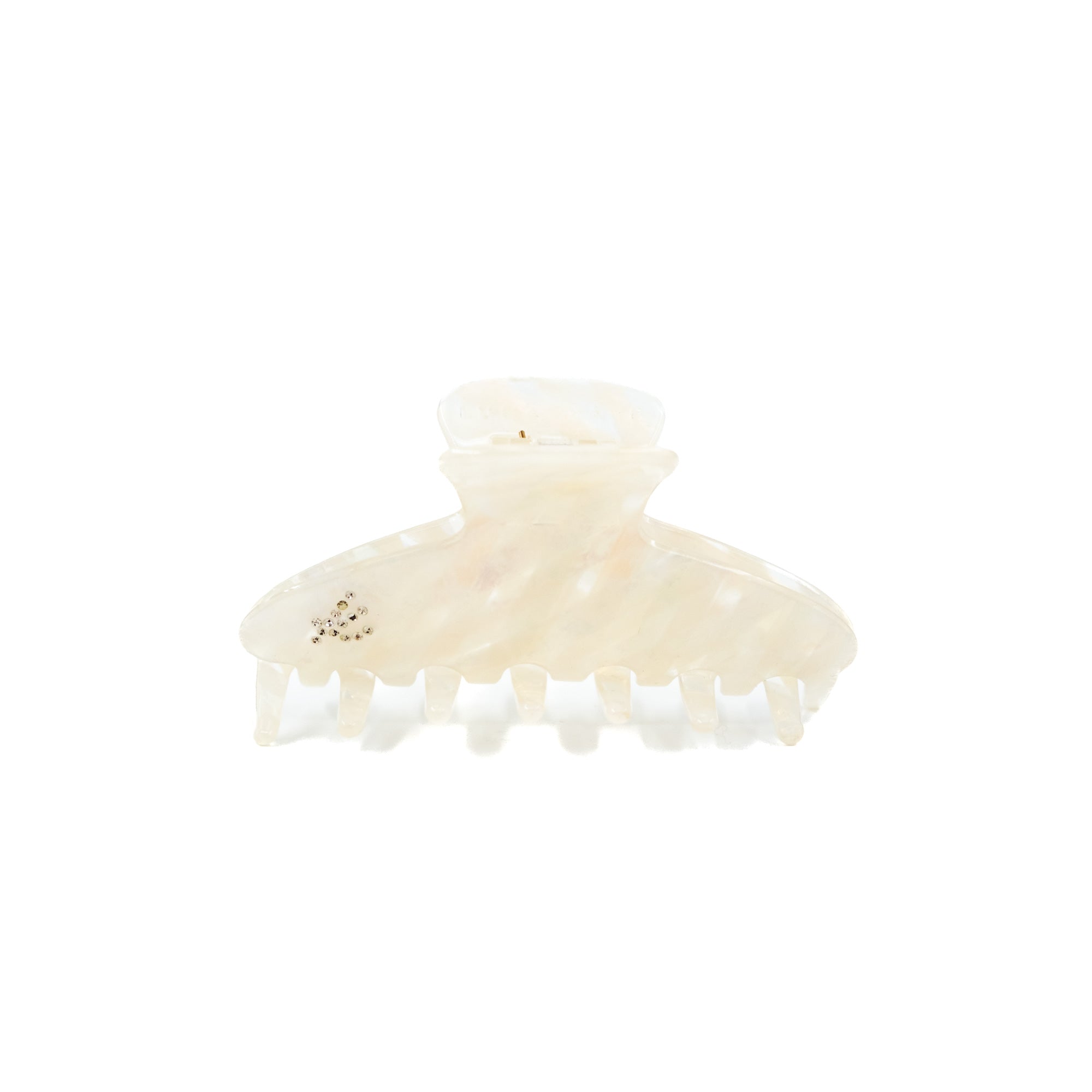 White acetate claw clip with rhinestone letter K by Luna Wave, front view