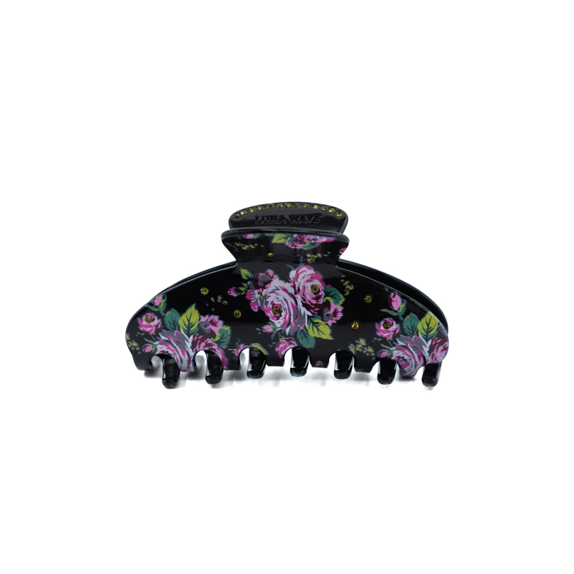 Glossy black floral claw clip with pink and lavender roses and gold rhinestone accents by Luna Wave