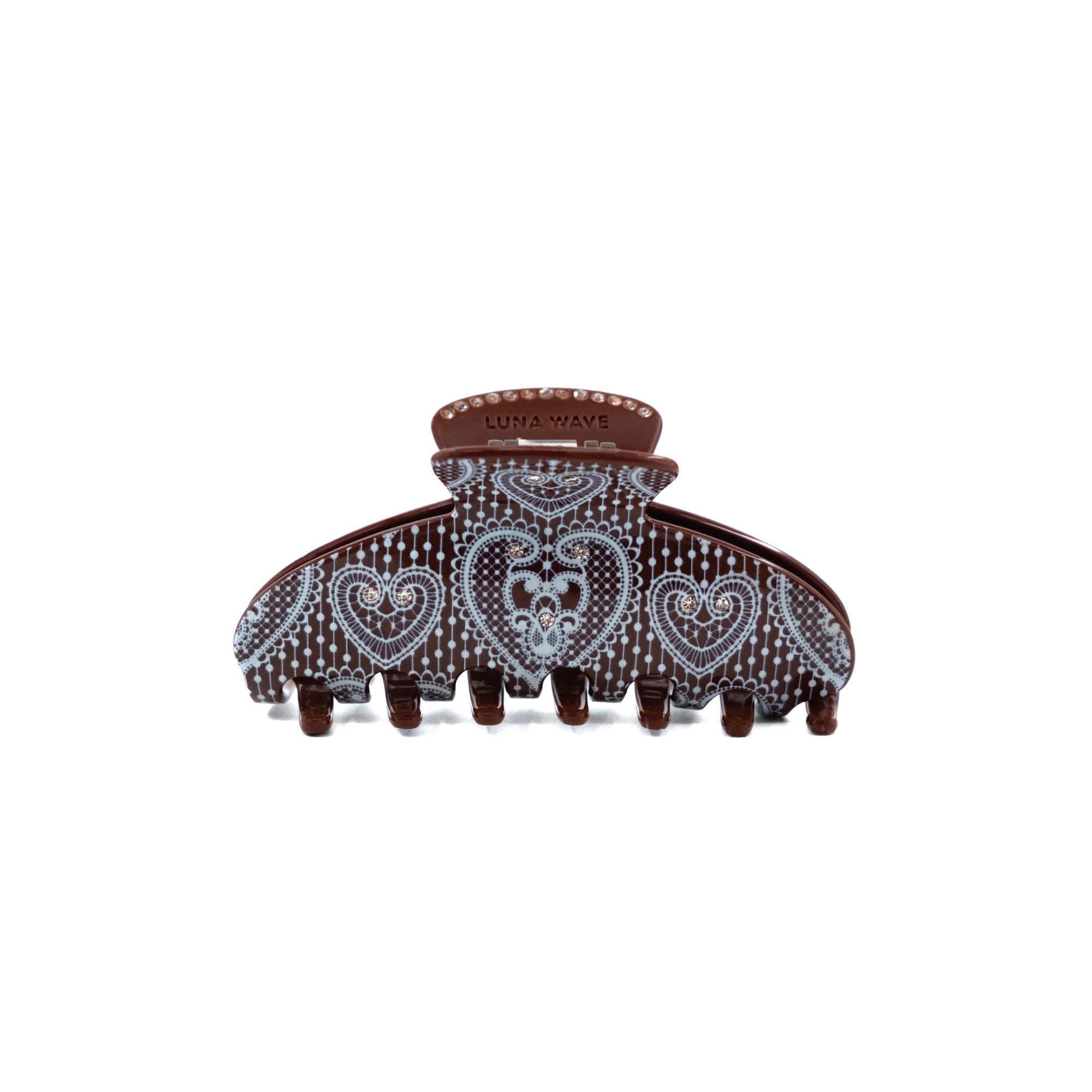 Brown heart-pattern claw clip with white stripes and rhinestone accents by Luna Wave