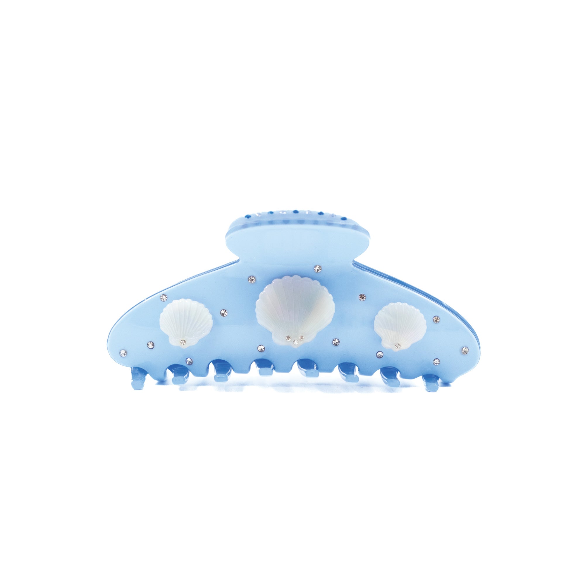 Blue hair claw with white shell details and rhinestone accents by Luna Wave