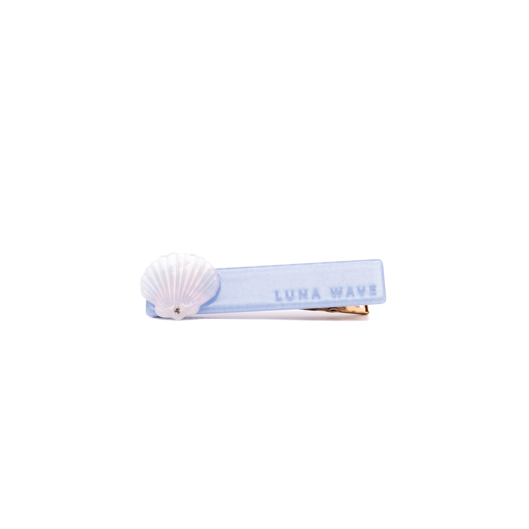 Blue side hair clip with white shell detail and rhinestone accent by Luna Wave
