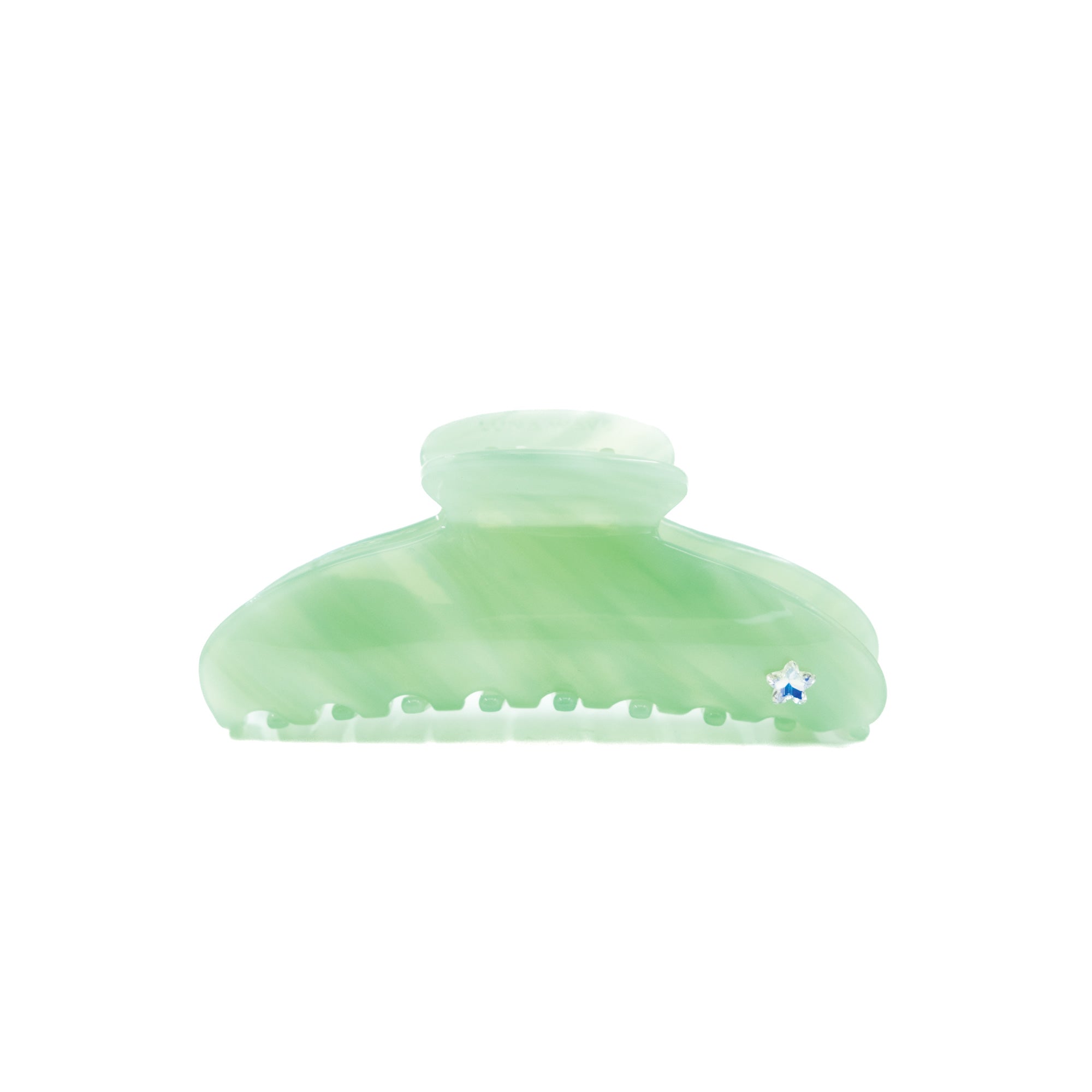 Jade green hair claw with wave pattern and pearl-style rhinestone accent by Luna Wave