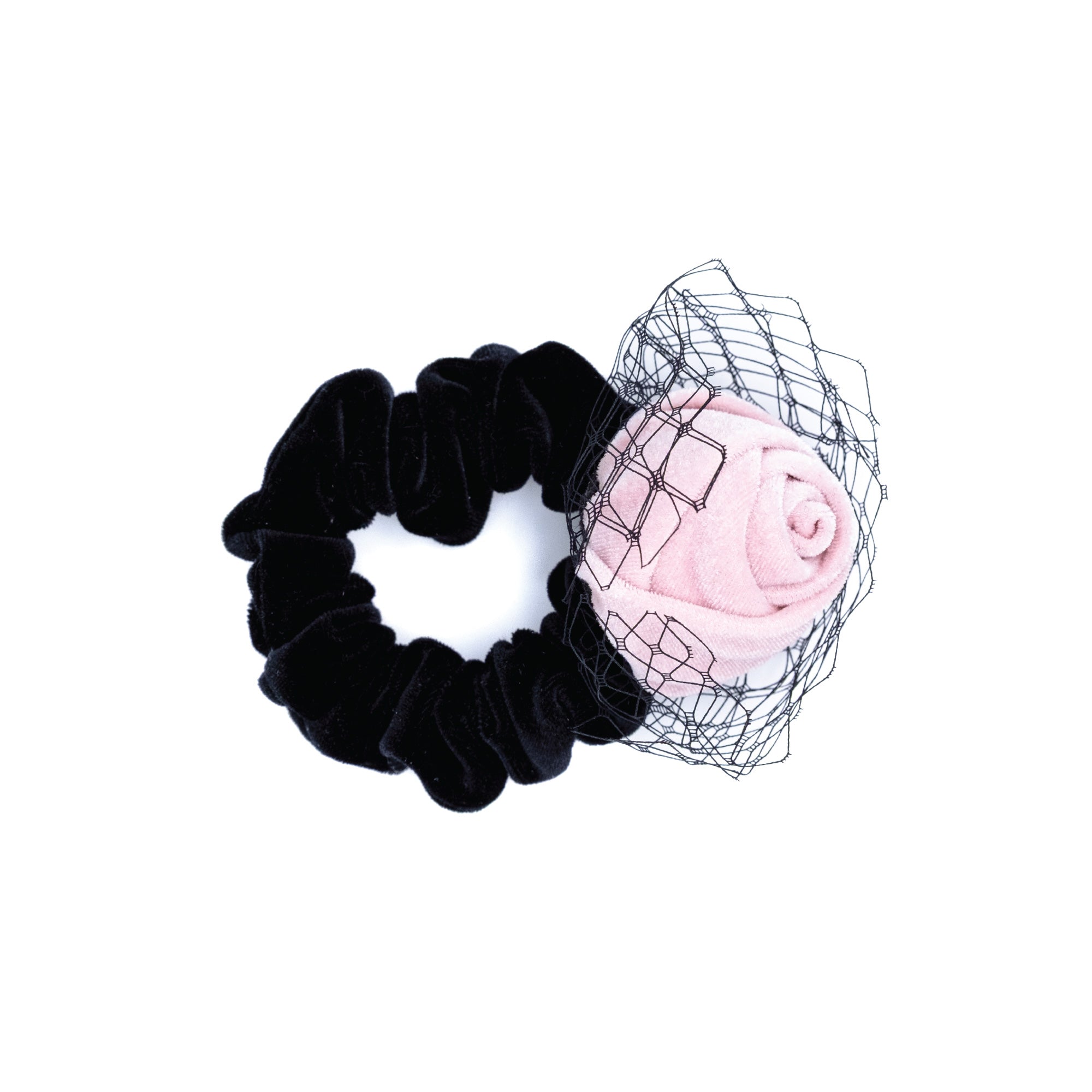 Amélie Scrunchie by Luna Wave with a blush pink velvet rose, black bow, and sheer mesh detailing.