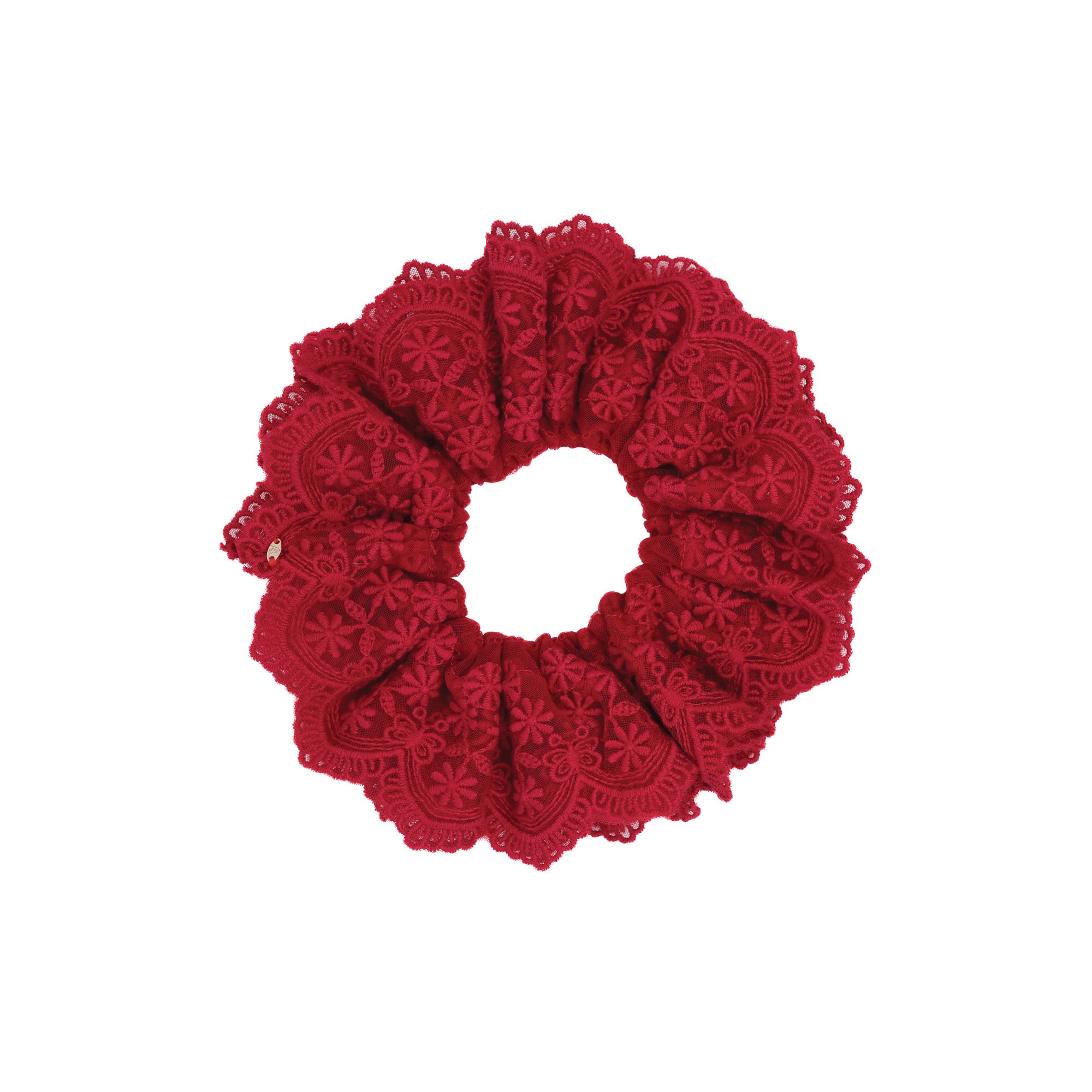 Burgundy Lace Scrunchie by Luna Wave made from layered burgundy lace with floral detailing.