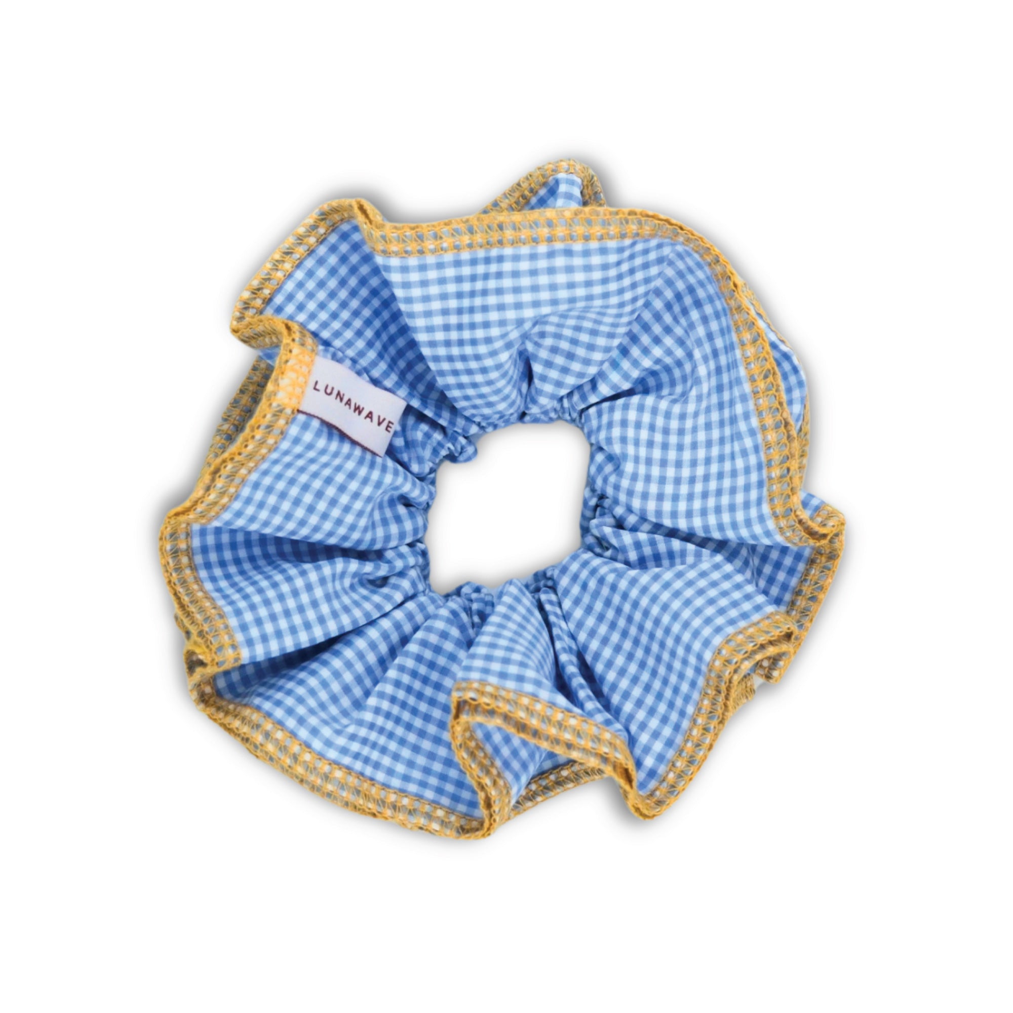 Blue gingham scrunchie with yellow trim on a white background