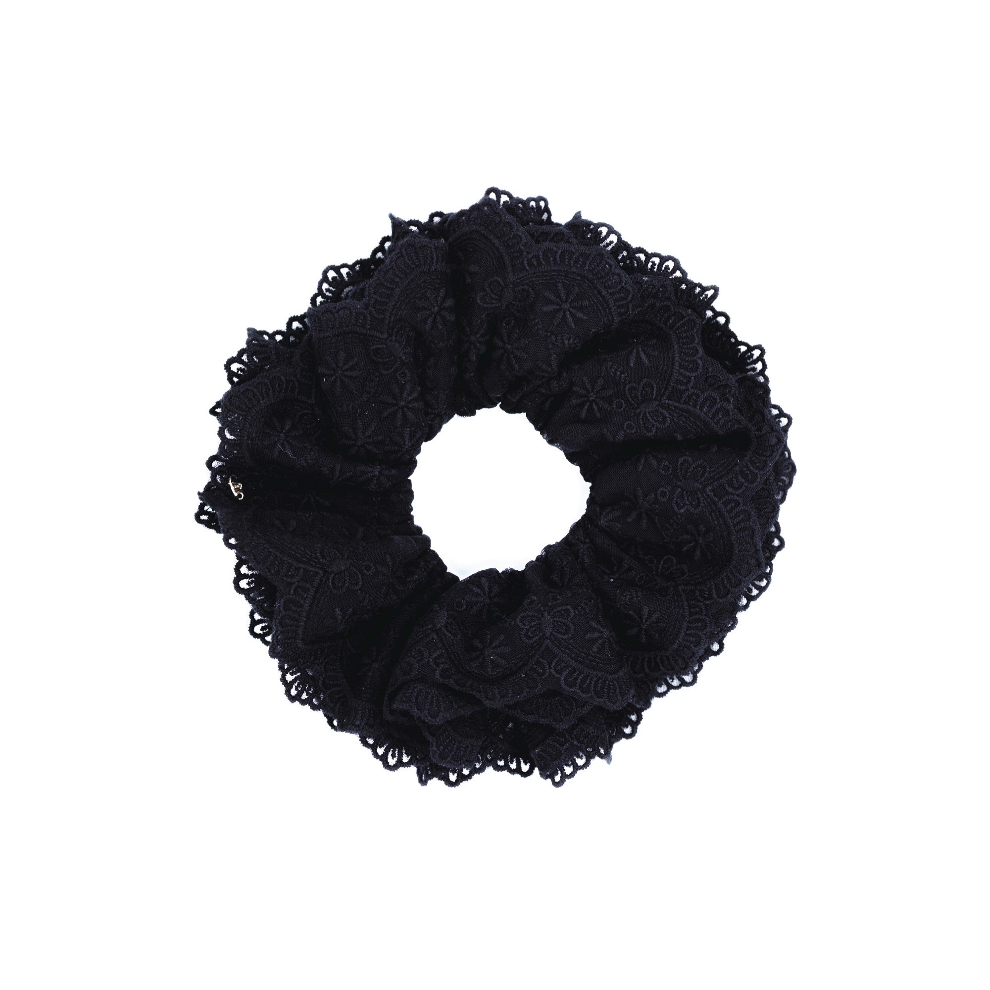 Noir Lace Scrunchie by Luna Wave made from layered black lace with floral detailing.