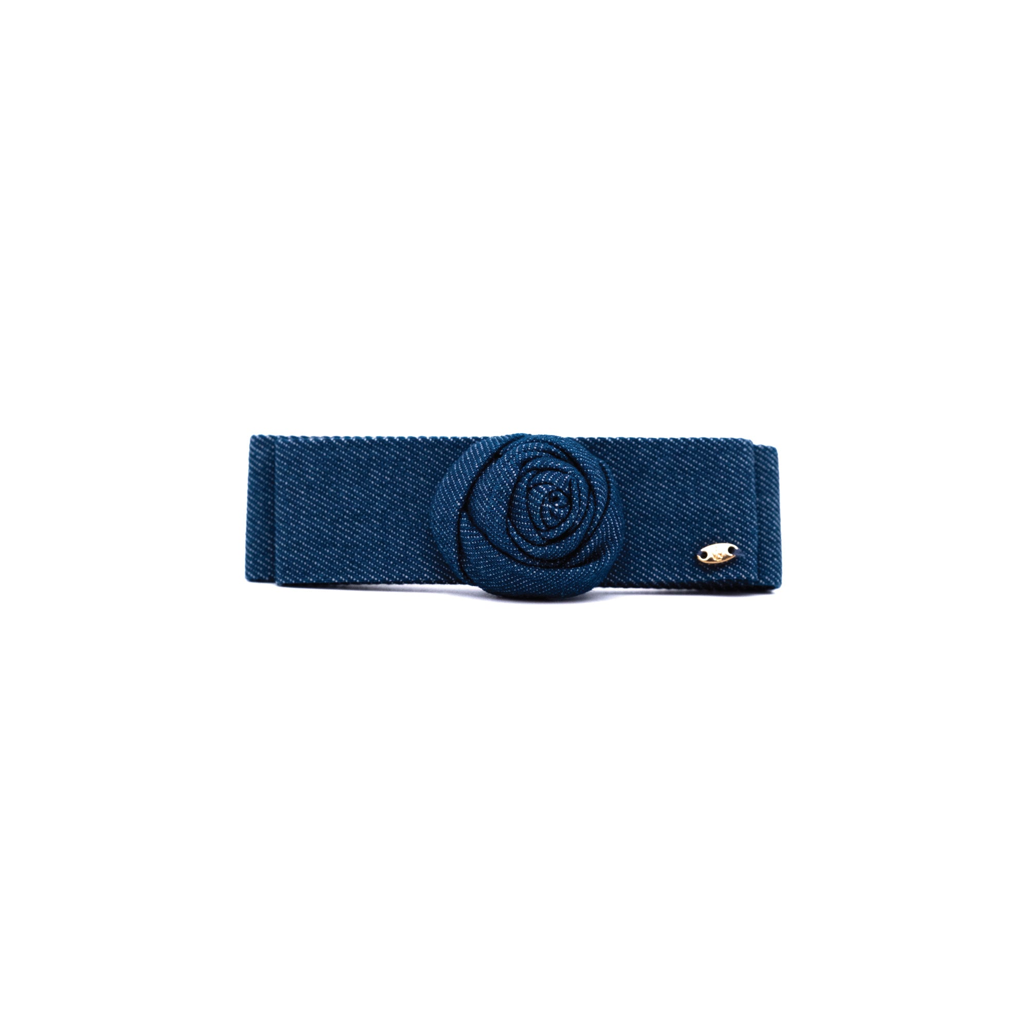 Denim Rose Barrette by Luna Wave with an indigo denim rosette and gold-toned charm detail.