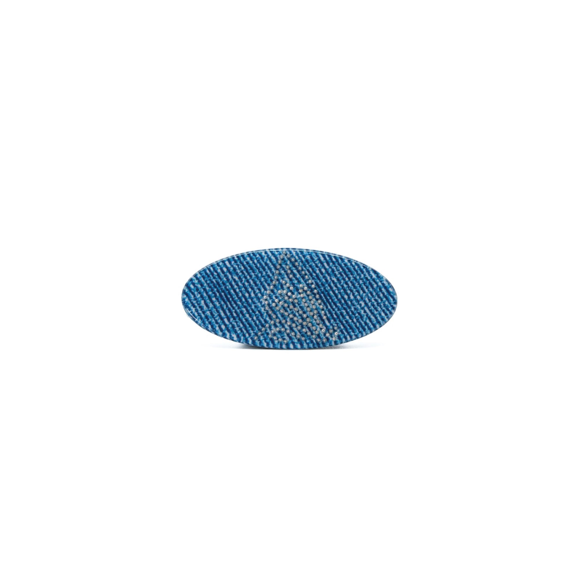 Denim Flatter Clip by Luna Wave in denim-textured blue with a silver beaded butterfly detail.
