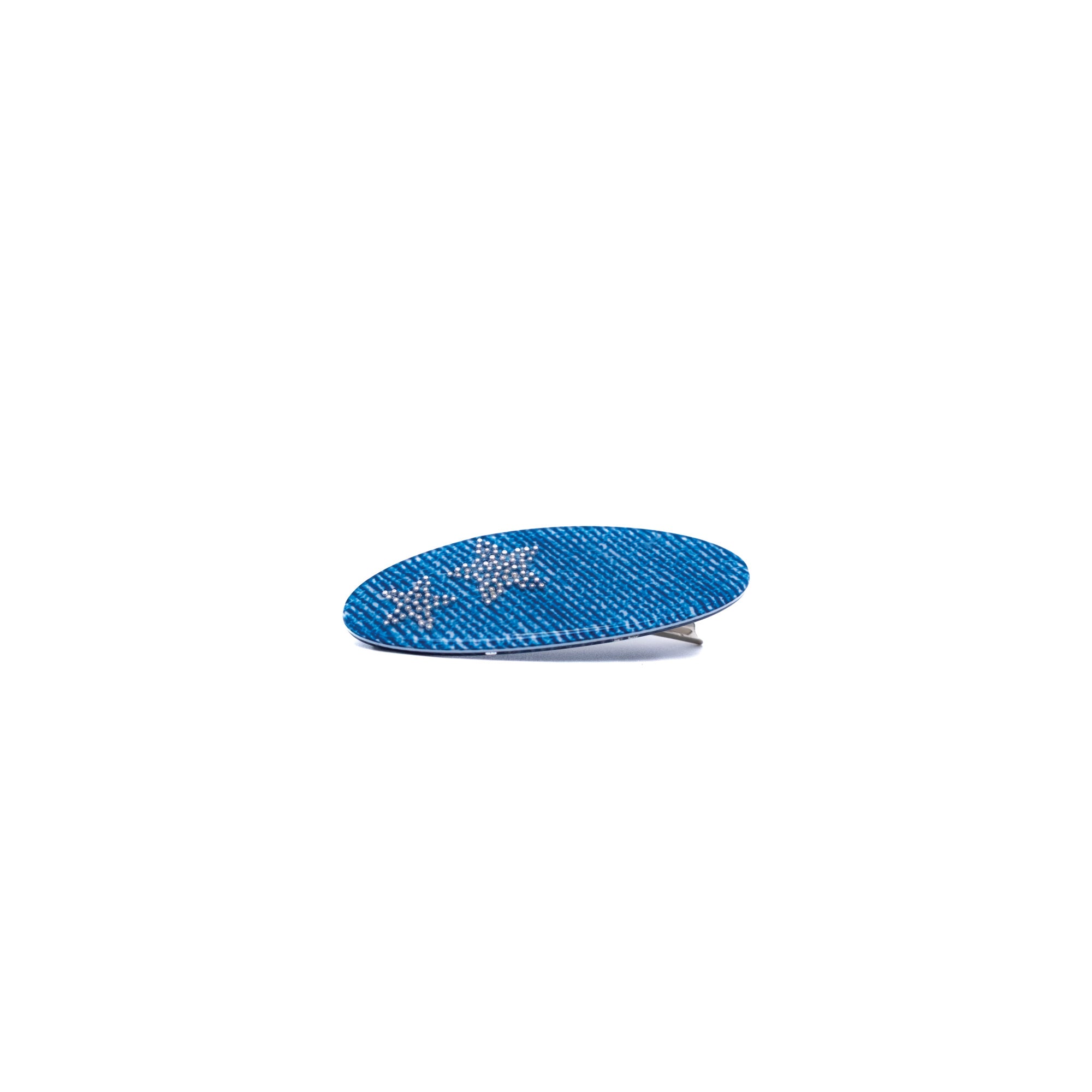 Denim Star Clip by Luna Wave in denim-textured blue with silver star details.
