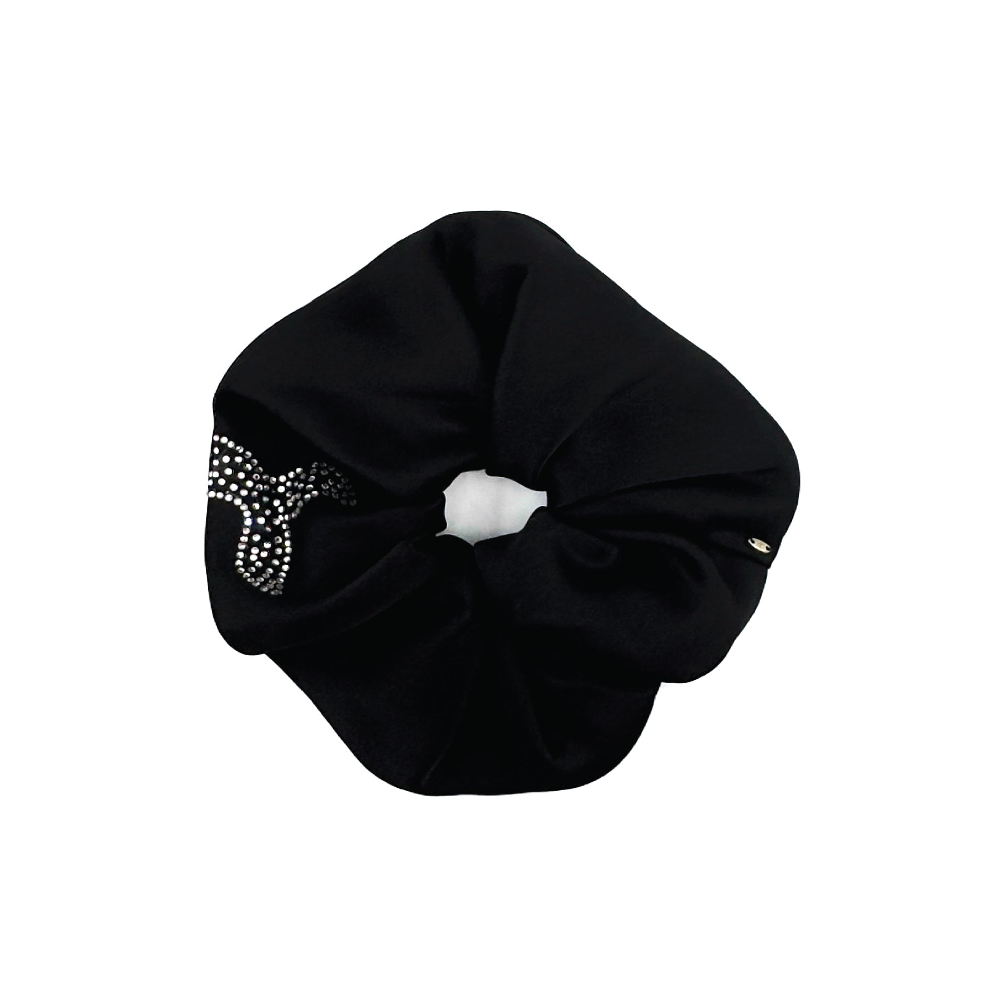 Black silk scrunchie with rhinestone whale tail charm