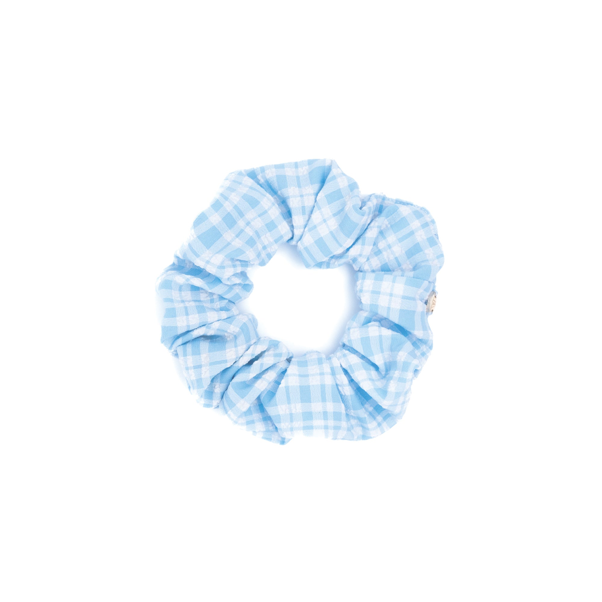 Sky Gingham Scrunchie by Luna Wave in light blue gingham cotton fabric.