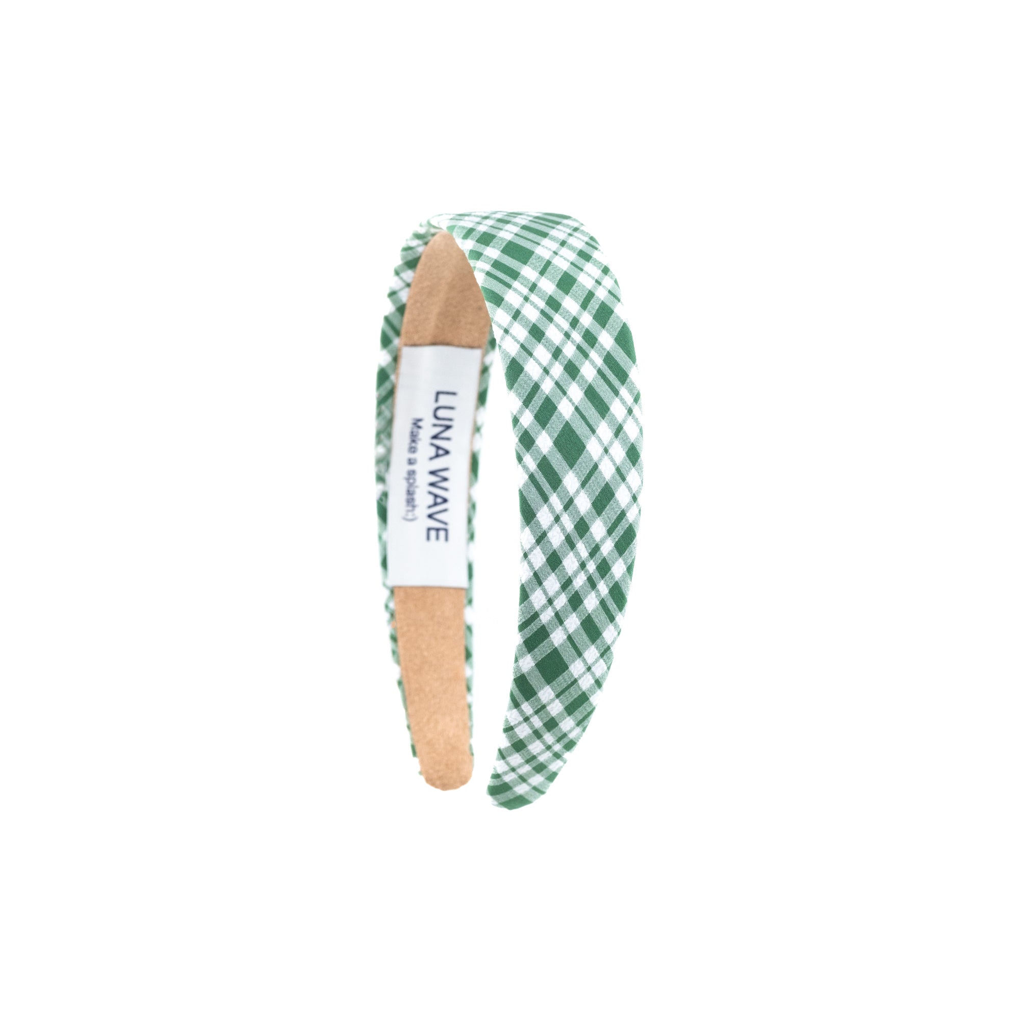Meadow Gingham Headband by Luna Wave in soft green gingham fabric with a structured silhouette.