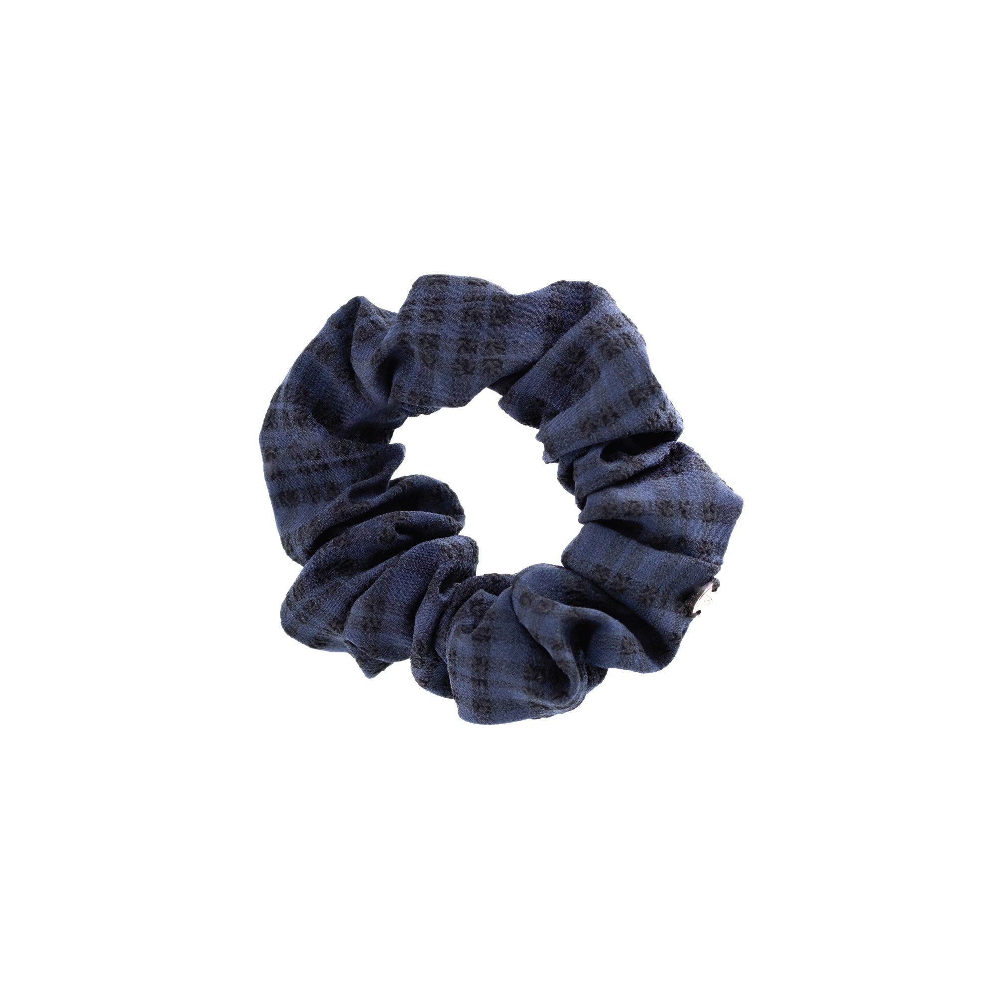 Navy Gingham Scrunchie by Luna Wave in deep navy gingham cotton fabric.