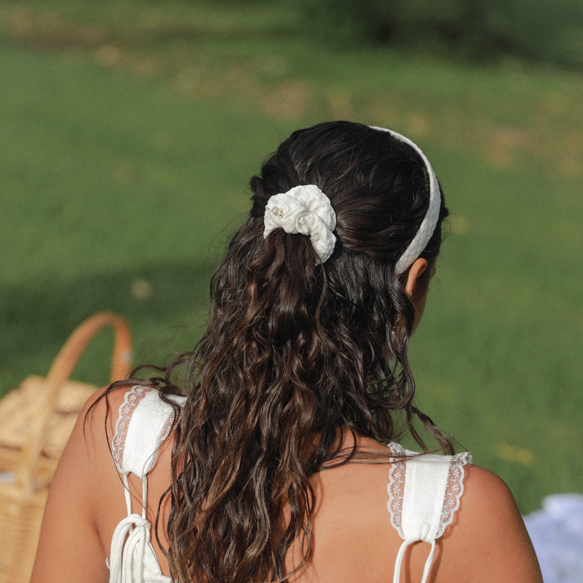 Milk Gingham Scrunchie by Luna Wave in crisp white gingham cotton.