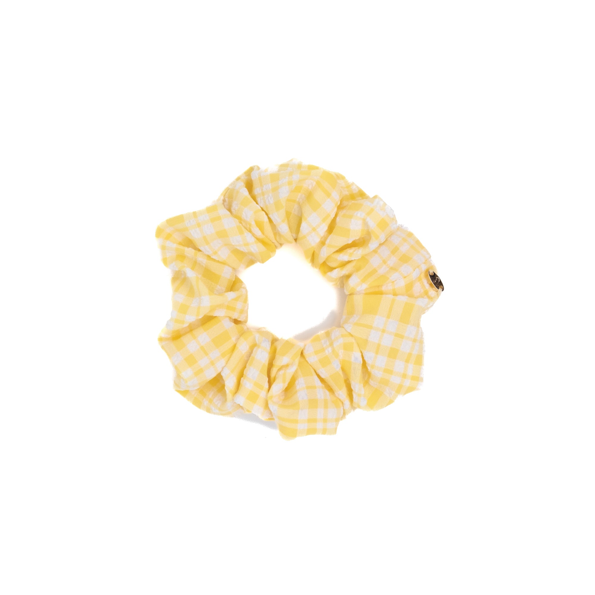 Lemon Gingham Scrunchie by Luna Wave in buttery yellow gingham cotton fabric.
