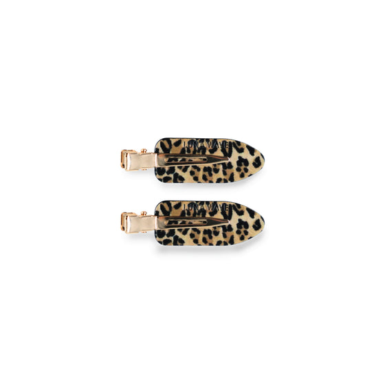 Pair of brown and black leopard-print oval hair clips with gold-tone fasteners
