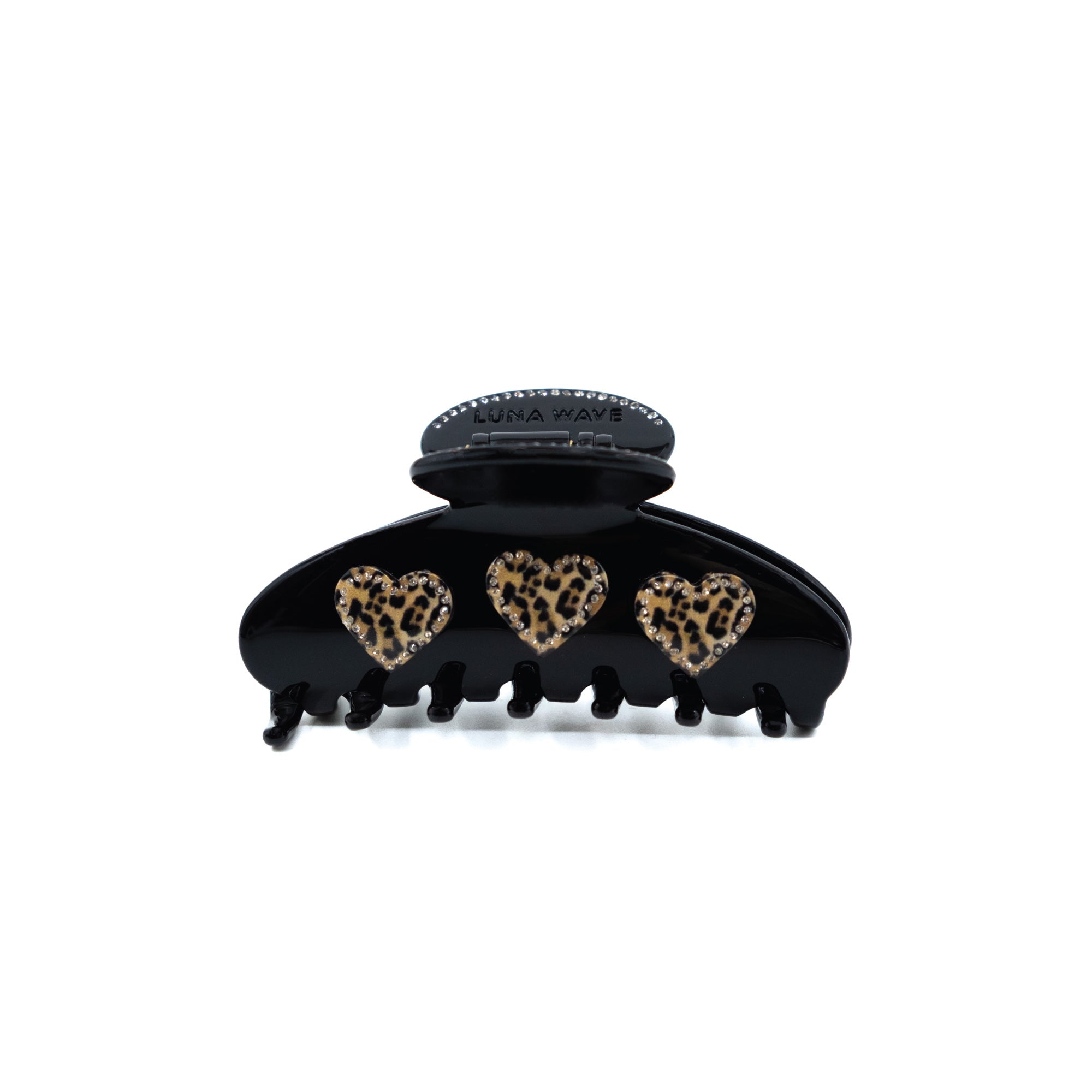 Black claw clip with leopard heart design and rhinestone accents by Luna Wave