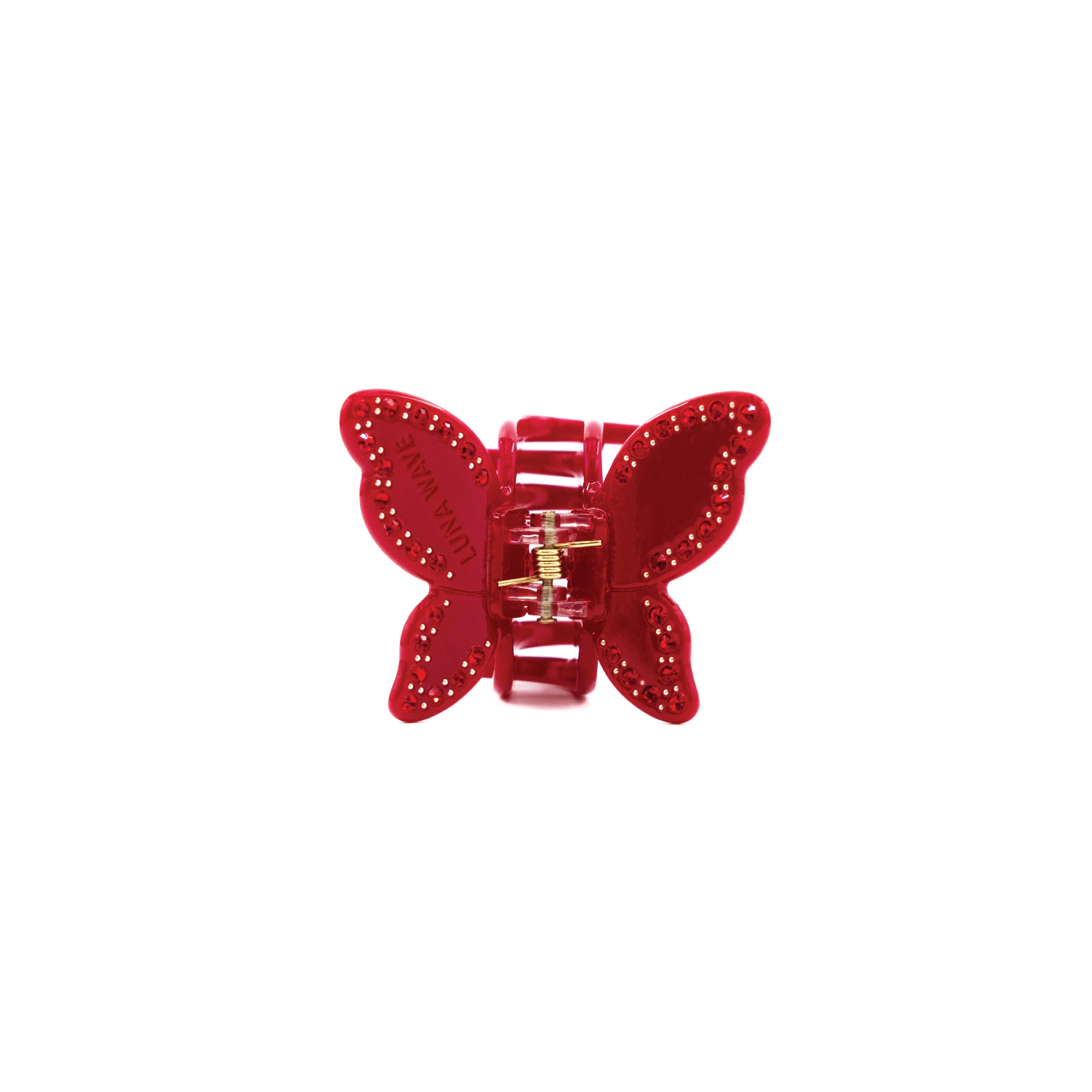Mini-sized red acetate butterfly-shaped claw clip with rhinestone details