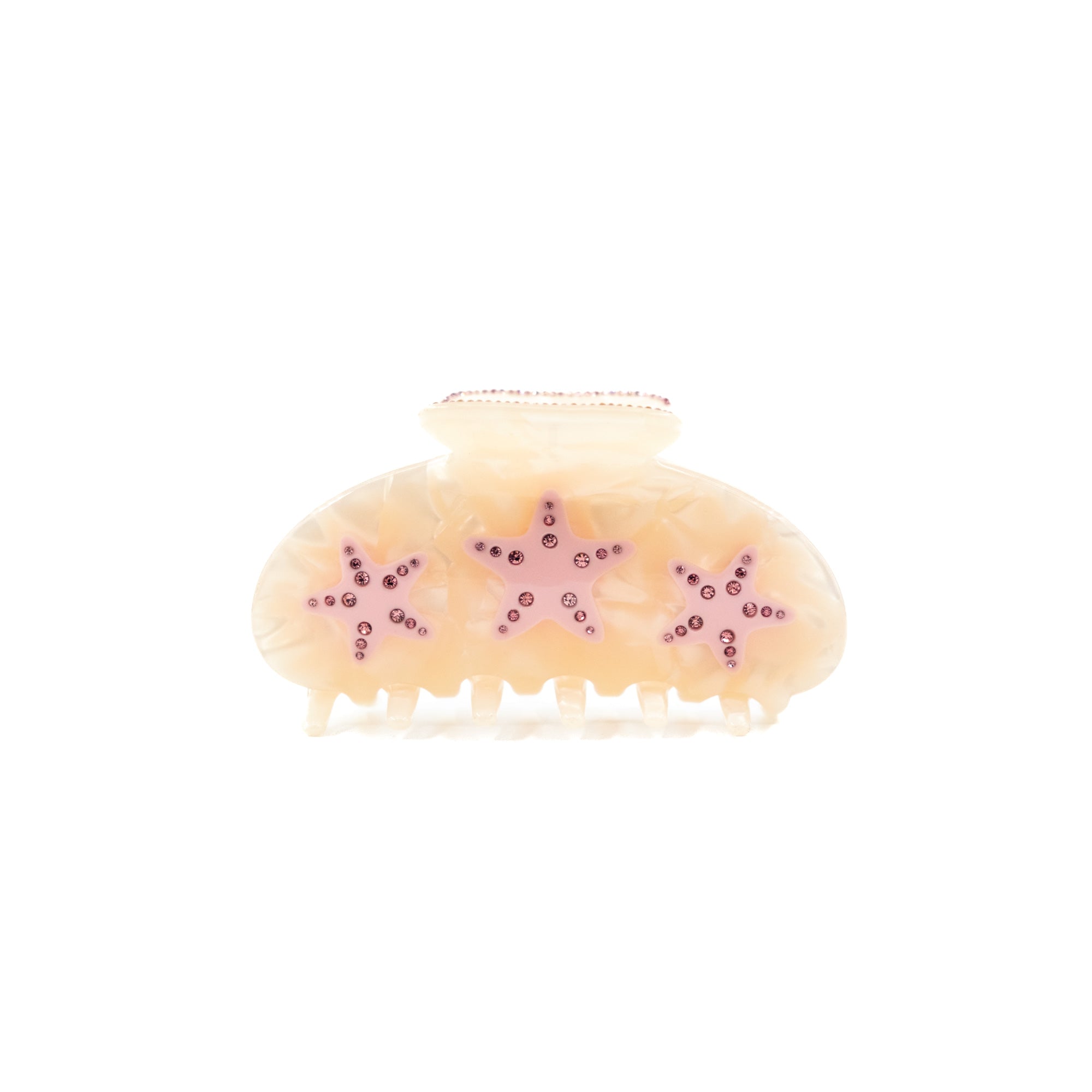 Cream hair claw with pink starfish details and rhinestone accents by Luna Wave
