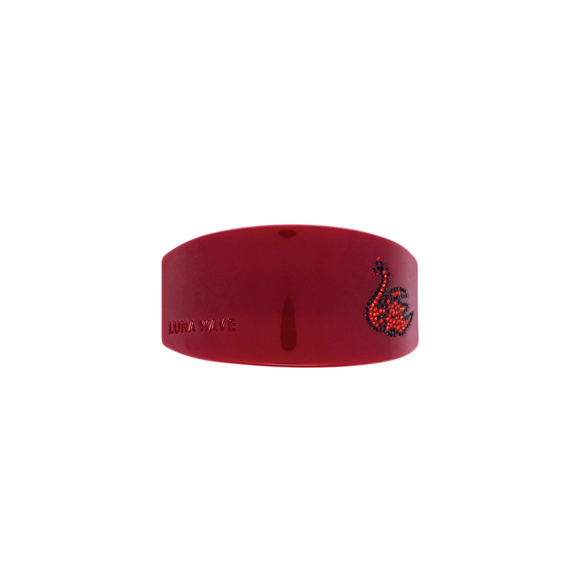 Red acetate barrette with rhinestone swan detail by Luna Wave
