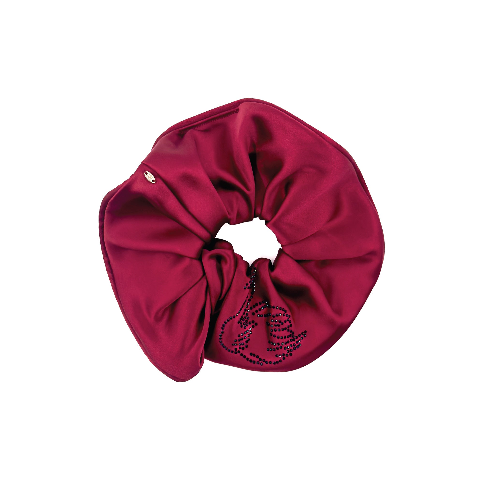 Red satin scrunchie with black rhinestone swan detail by Luna Wave