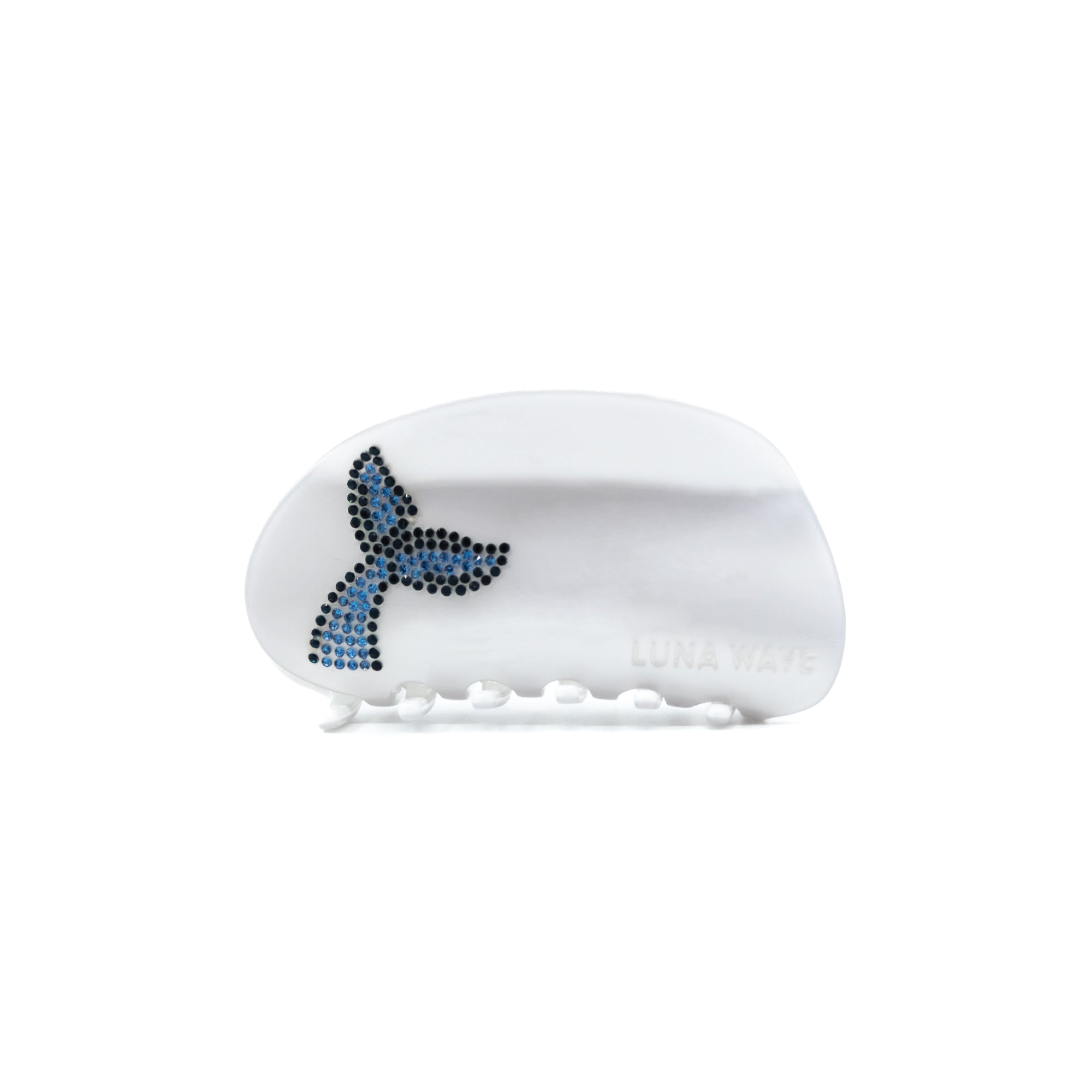 Eco-friendly acetate claw clip in white with rhinestone whale tail detail