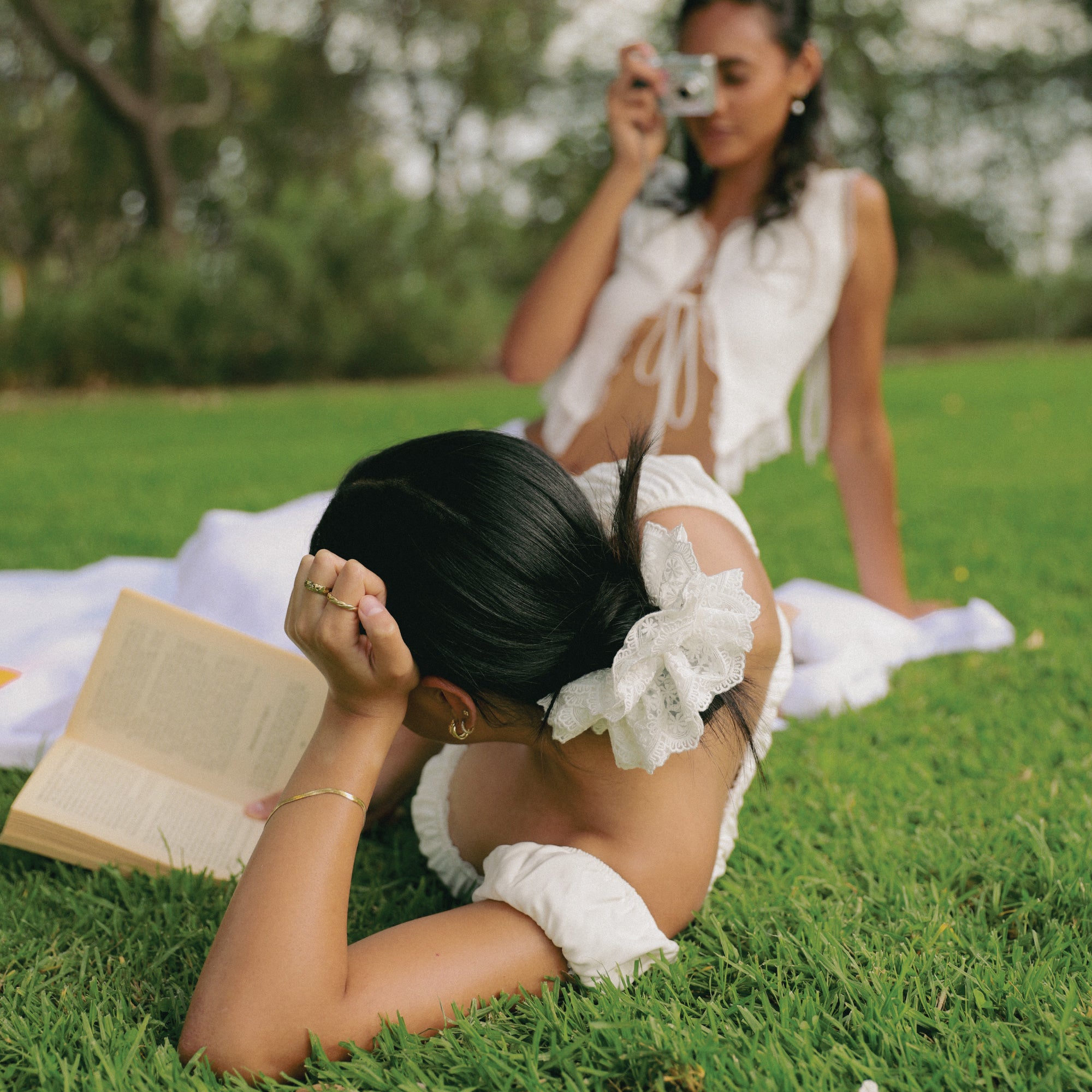 Ivory Lace Scrunchie by Luna Wave made from layered ivory lace with floral detailing.