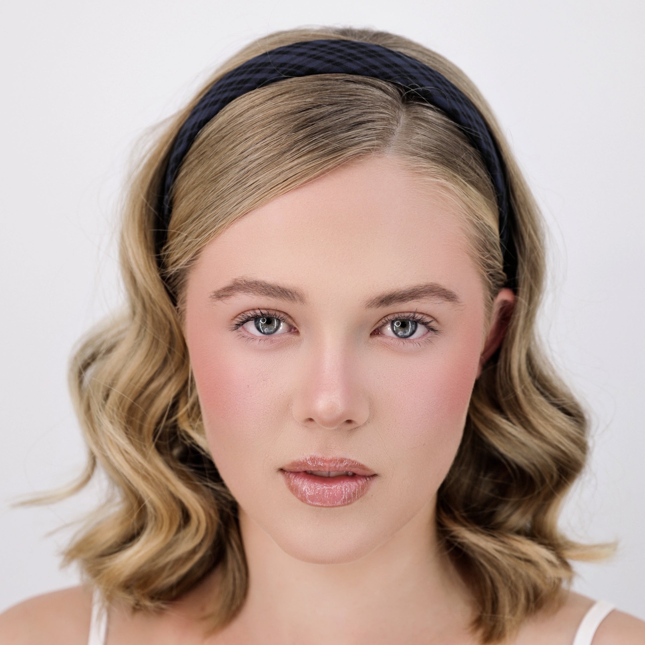 Luna Wave navy blue gingham headband model studio